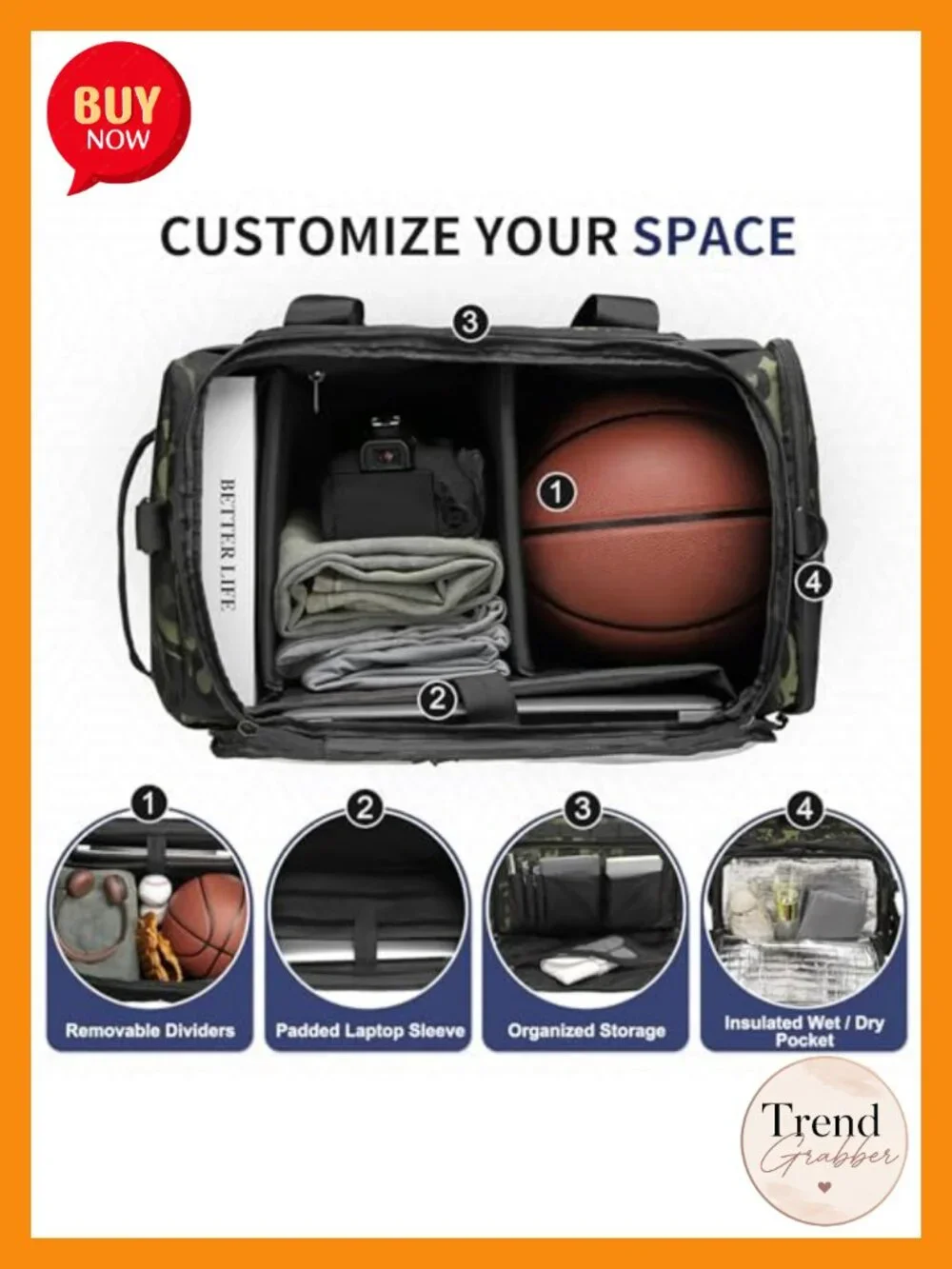 Convertible Duffel Backpack 38L 3-in-1 Nylon Insulated Bottom Laptop Sleeve